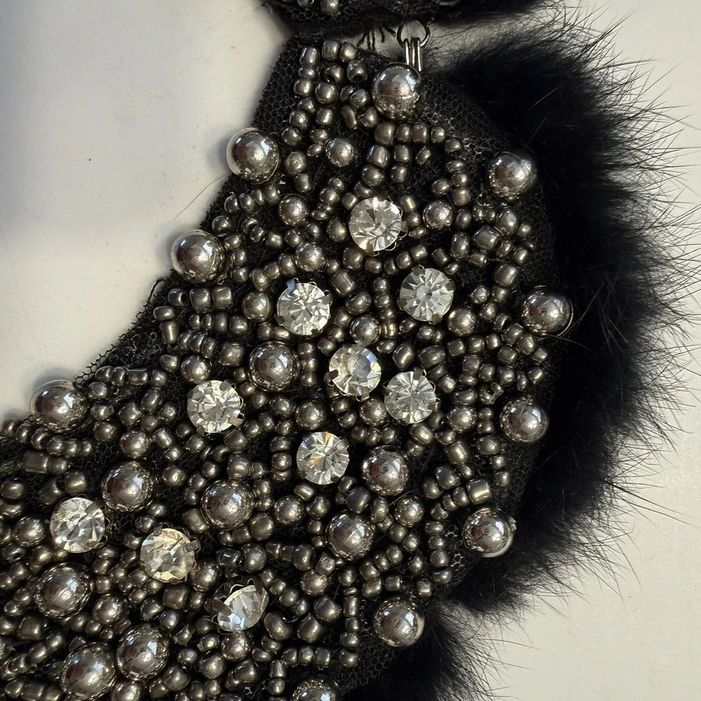 Vintage Handmade Fur & Faux Pearl Beaded Collar Necklace Black For Tops,Sweaters